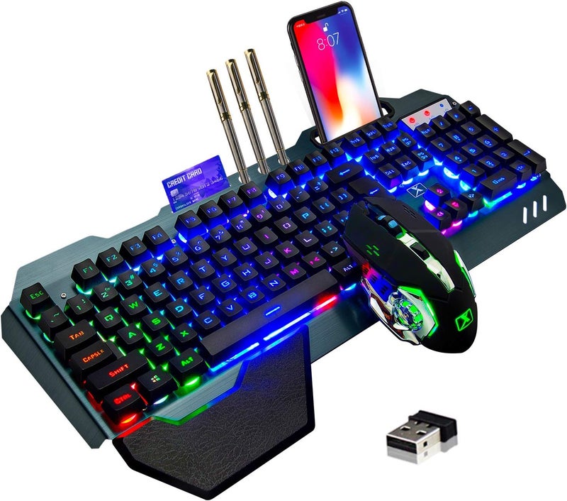 LexonElec Wireless Gaming Keyboard and Mouse,Rainbow Backlit Rechargeable Keyboard Mouse with 3800mAh Battery Metal Panel,Removable Hand Rest Mechanical Feel Keyboard and 7 Color Gaming Mute Mice for PC Gamers - Image 1